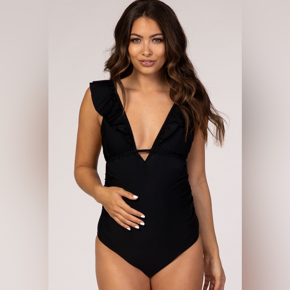Pinkblush Black Ruffle V-Neck One-Piece Swimsuit